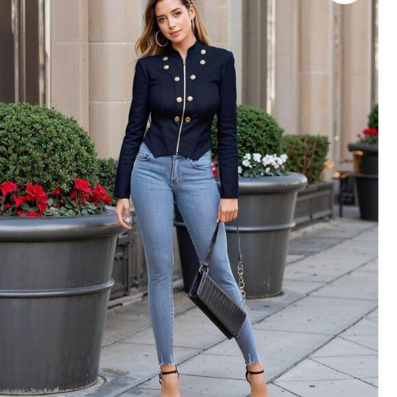 Hybrid & Company Super Stretch Navy Military Crop Blazer with Gold Accents, 1X - Picture 2 of 13